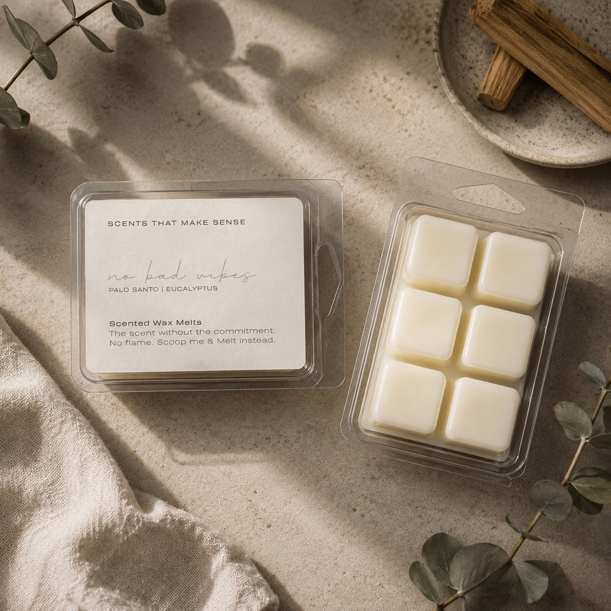 No Bad Vibes palo santo and white sage scented wax melts by Scents That Make Sense NYC
