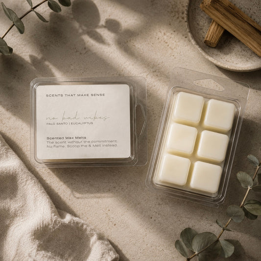 No Bad Vibes palo santo and white sage scented wax melts by Scents That Make Sense NYC